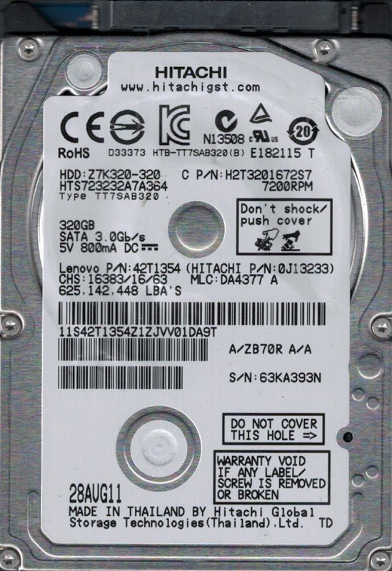 Hitachi HTS723232A7A364 P/N: 0J13233 MLC: DA4377 320GB
