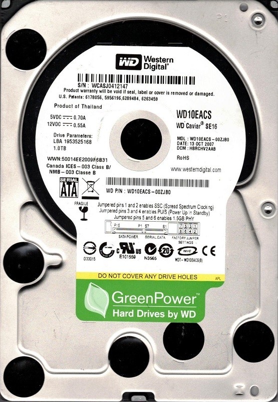 Western Digital WD10EACS-00ZJB0 1TB DCM: HBRCHV2AAB