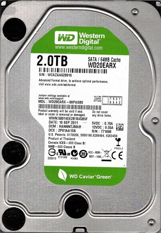 Western Digital WD20EARX-00PASB0  DCM: HANNNTJMAB WCAZA 2TB