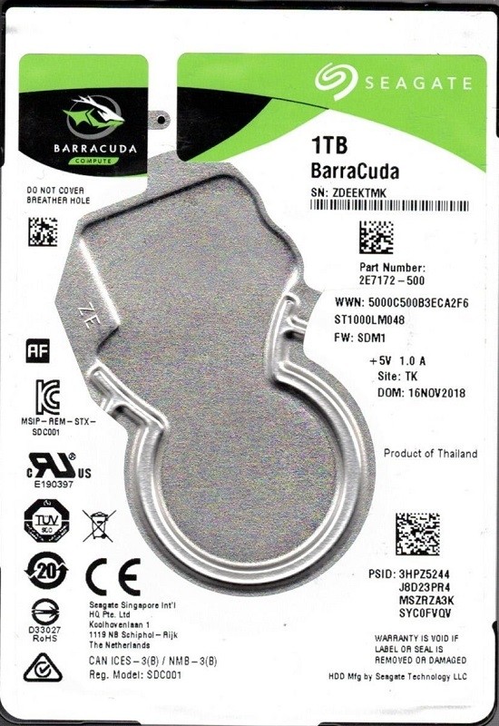 ST1000LM048 P/N: 2E7172-500 F/W: SDM1 TK ZDE Seagate BarraCuda 1TB