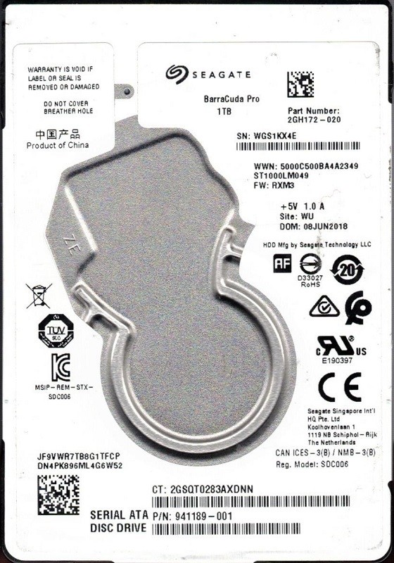 ST1000LM049 P/N: 2GH172-020 F/W: RXM3 WU WGS Seagate BarraCuda Pro 1TB