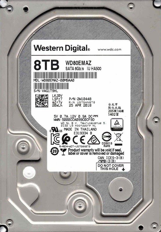 WD80EMAZ-00M9AA0 P/N: 2W10448 APR 2018 Thailand Western Digital 8TB