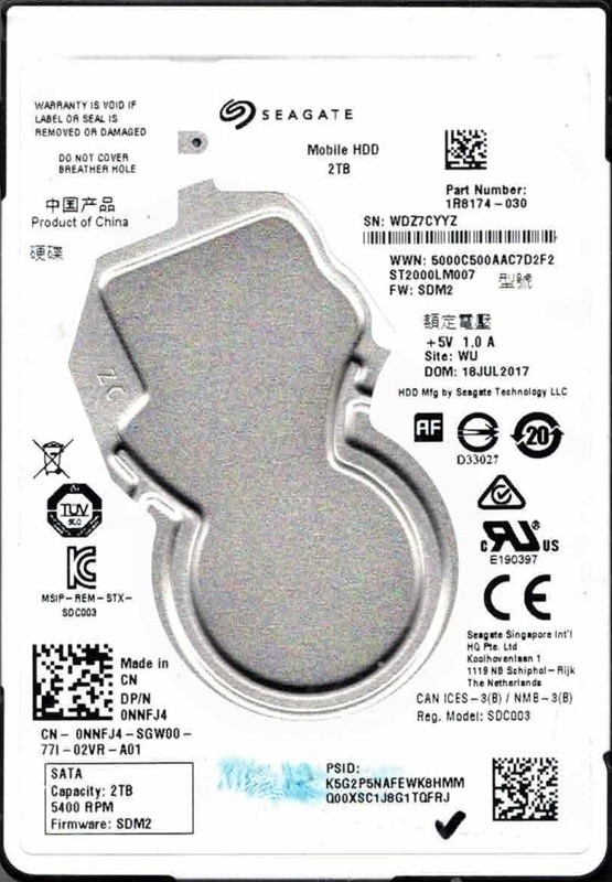 ST2000LM007 P/N: 1R8174-030 F/W: SDM2 WU WDZ7 JUL 2017 Seagate 2TB