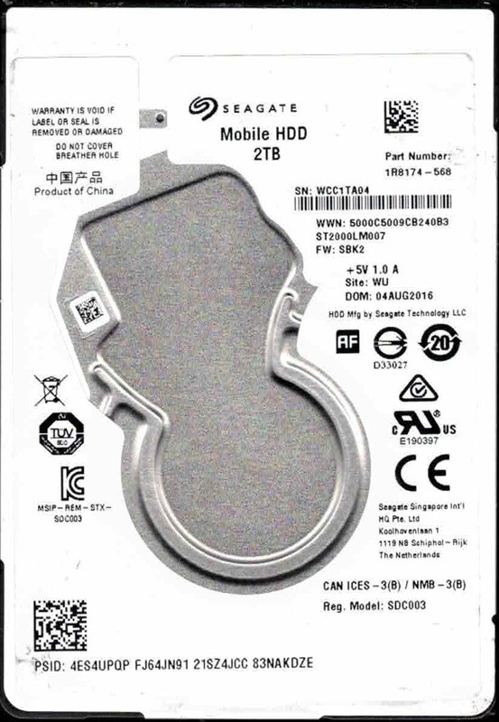 ST2000LM007 P/N: 1R8174-568 F/W: SBK2 WU WCC1 AUG 2016 Seagate 2TB