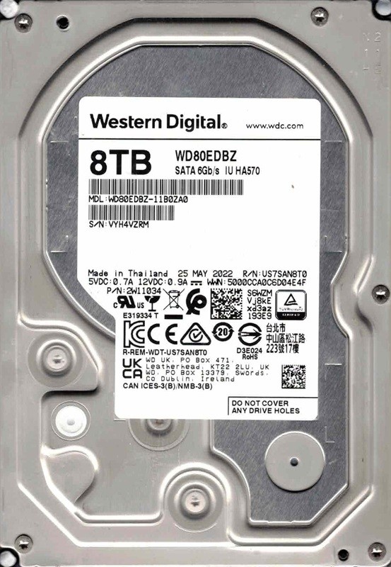 WD80EDBZ-11B0ZA0 P/N: 2W11034 MAY 2022 Western Digital 8TB