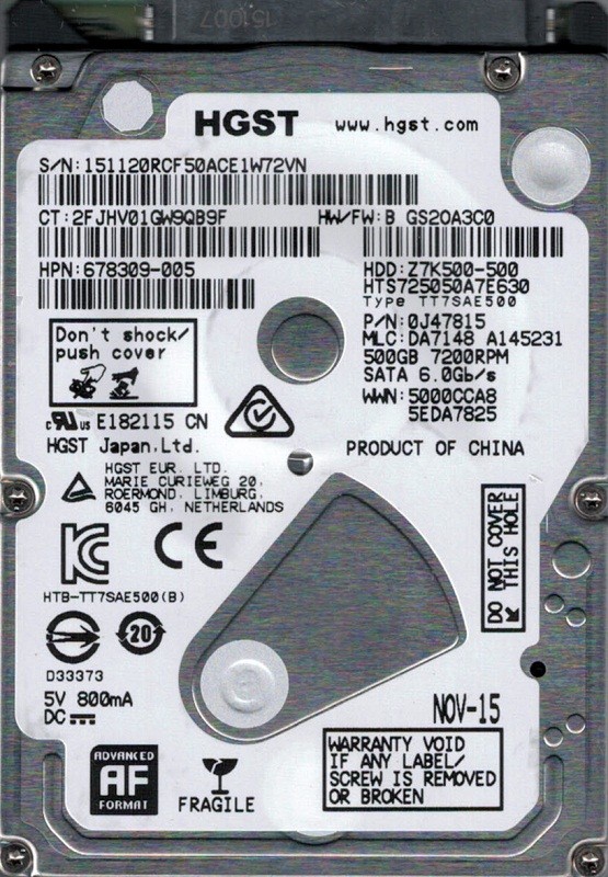 HTS725050A7E630 P/N: 0J47815 MLC: DA7148 China HGST 500GB