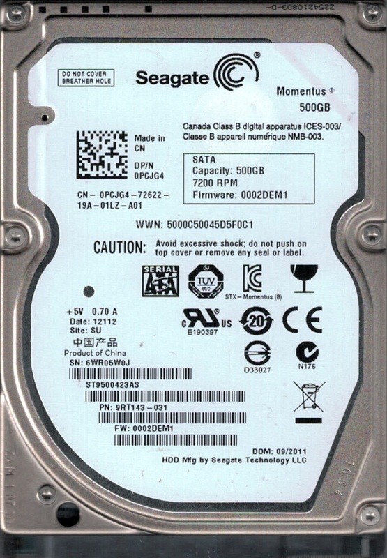 ST9500423AS P/N: 9RT143-031 F/W: 0002DEM1 SU 6WR Seagate 500GB