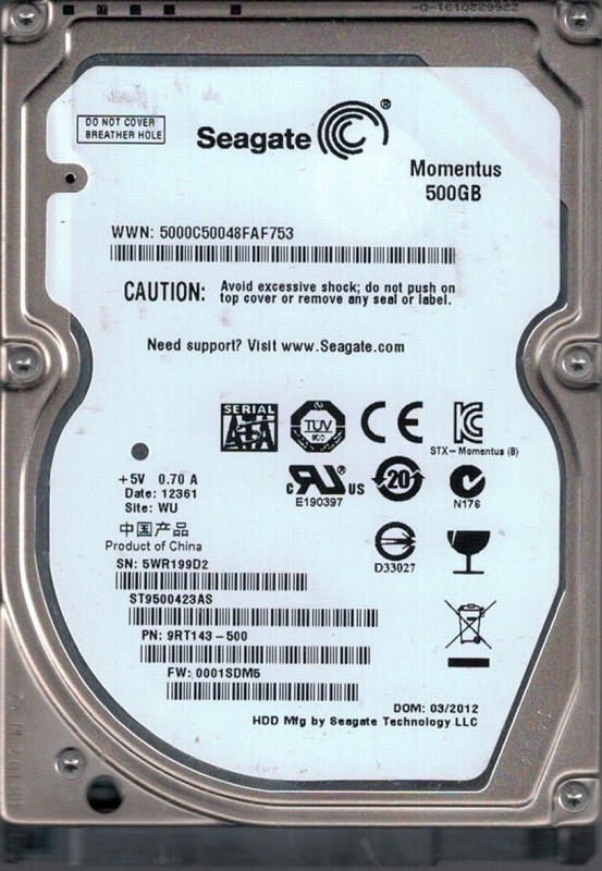 ST9500423AS P/N: 9RT143-500 F/W: 0001SDM5 WU 5WR Seagate 500GB