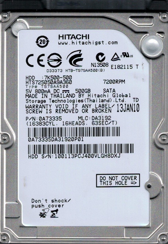 Hitachi HTS725050A9A360 P/N: 0A73335 MLC: DA3192 500GB