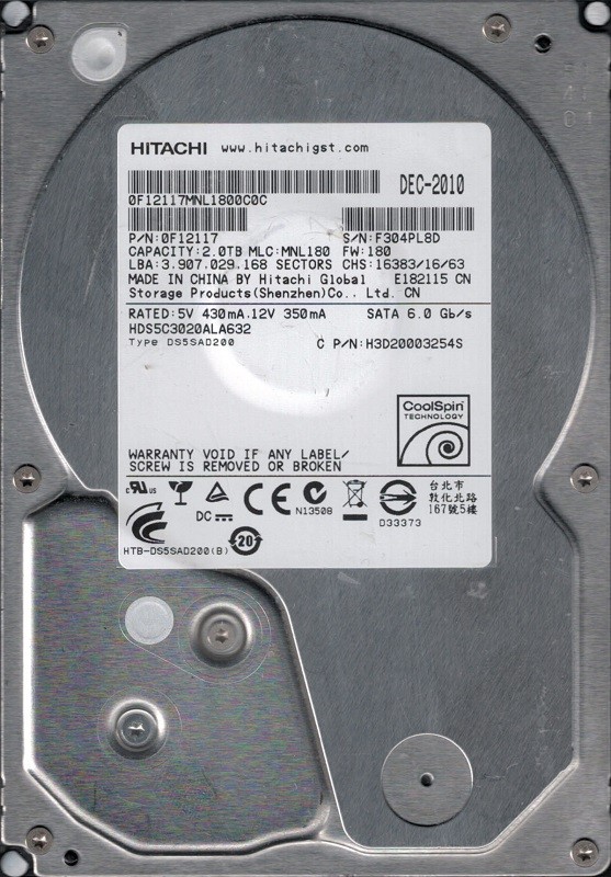 Hitachi HDS5C3020ALA632 P/N: 0F12117 MLC: MNL180 2TB