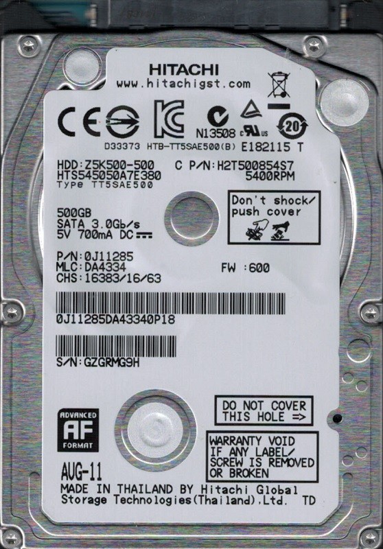 HTS545050A7E380 P/N: 0J11285 MLC: DA4334 Thailand Hitachi 500GB