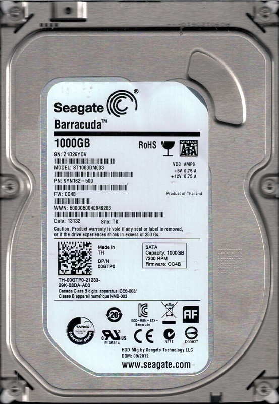 ST1000DM003 P/N: 9YN162-500 F/W: CC4B TK Z1D Seagate 1TB