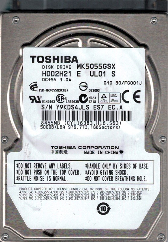 MK5055GSX HDD2H21 E UL01 S China Toshiba 500GB