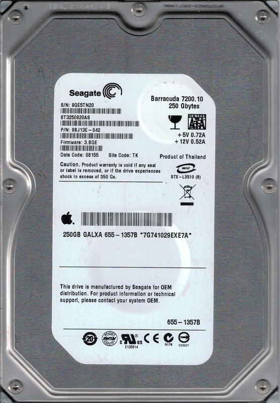 ST3250820AS P/N:9BJ13E-042 F/W: 3.BQE TK MAC 655-1357B Seagate 250GB