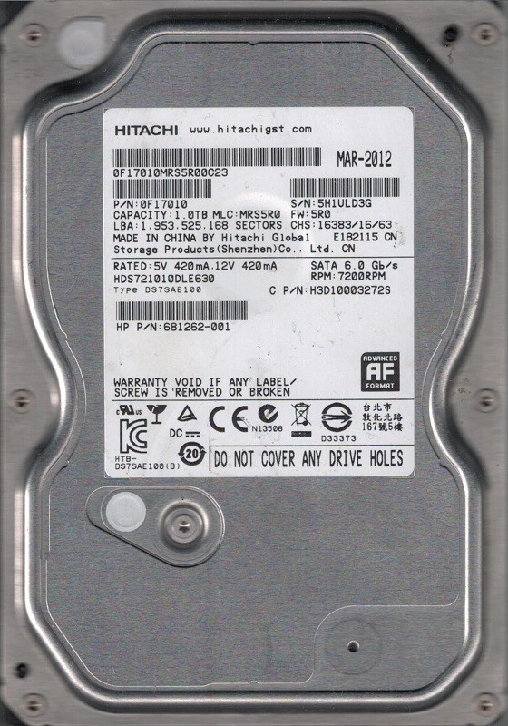 Hitachi HDS721010DLE630 P/N: 0F17010 MLC: MRS5R0 1TB