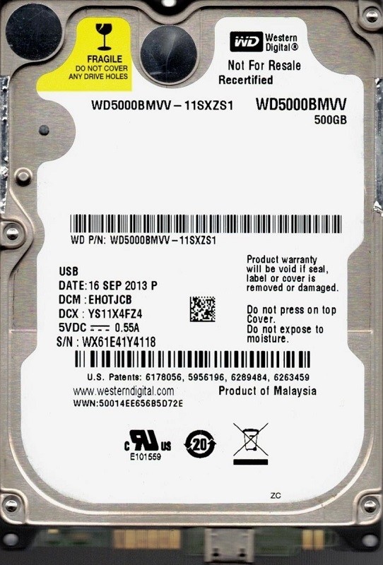 Western Digital WD5000BMVV-11SXZS1 USB 2.0 500GB DCM: EHOTJCB WX61E