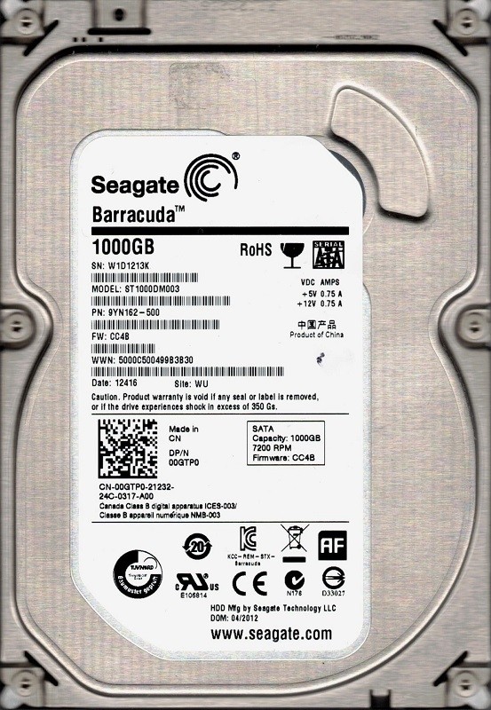 ST1000DM003 F/W: CC4B P/N: 9YN162-500 WU W1D 1TB Seagate Barracuda