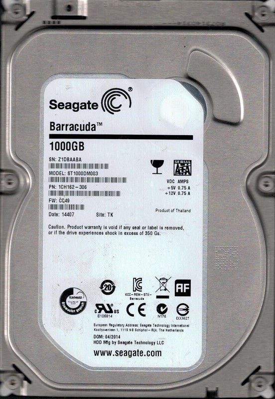 ST1000DM003 P/N: 1CH162-306 F/W: CC49 TK Z1D Seagate 1TB Desktop Hard Drive