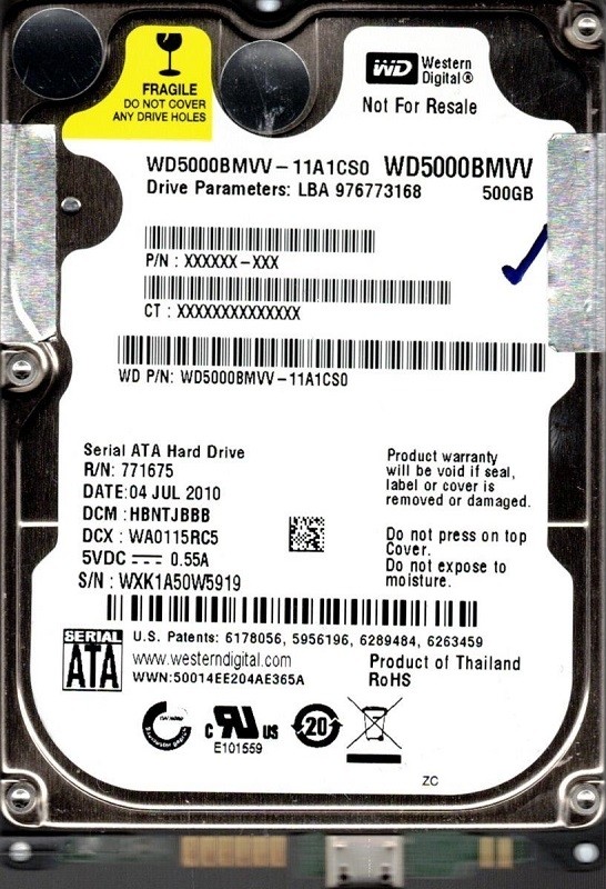 Western Digital WD5000BMVV-11A1CS0 USB 2.0 500GB DCM: HBNTJBBB WXK1A