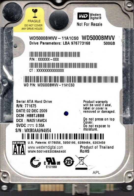 WD5000BMVV-11A1CS0 DCM: HBBTJBBB Western Digital 500GB