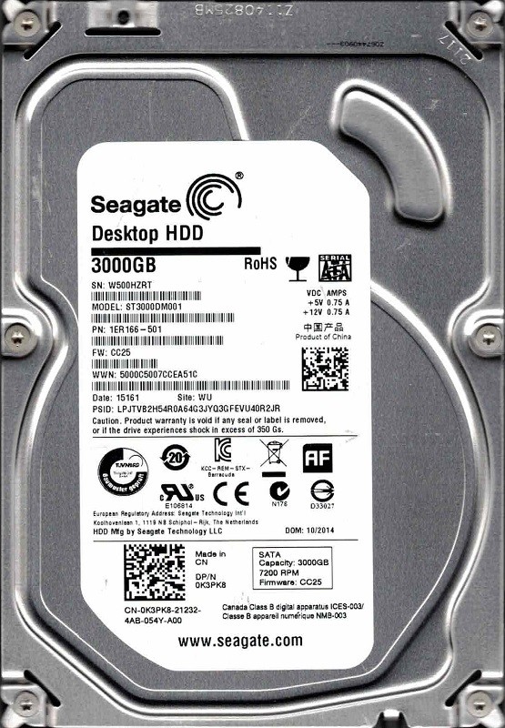 Seagate ST3000DM001 P/N: 1ER166-501 F/W: CC25 3TB WU W50