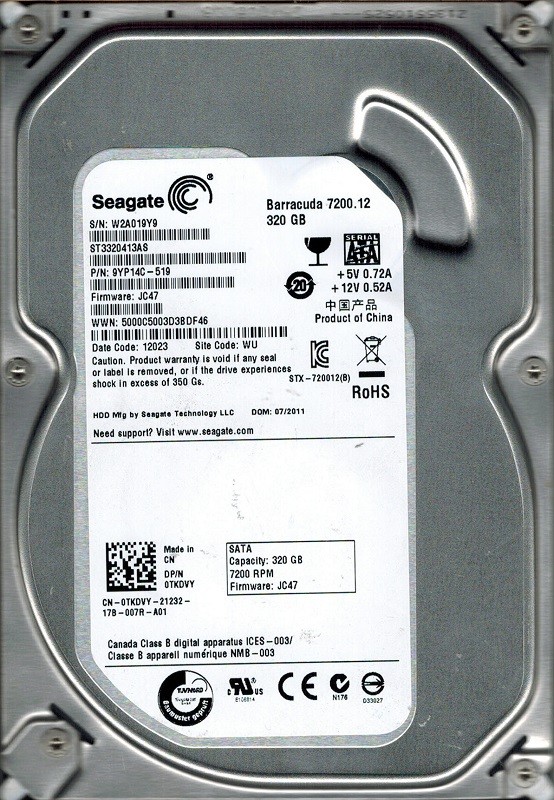 Seagate ST3320413AS P/N: 9YP14C-519 320GB F/W: JC47 WU