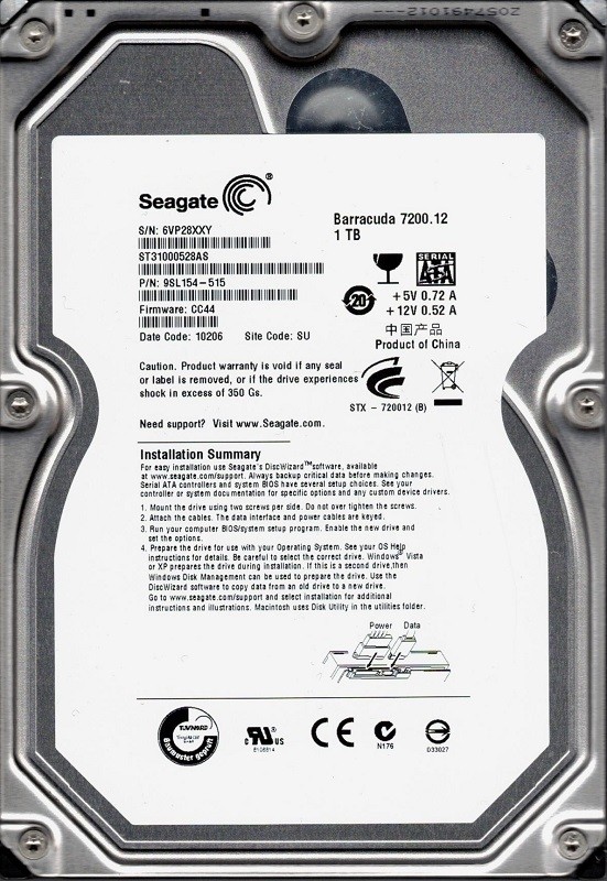 Seagate ST31000528AS P/N: 9SL154-515 F/W: CC44 SU 6VP 1TB Desktop Hard Drive