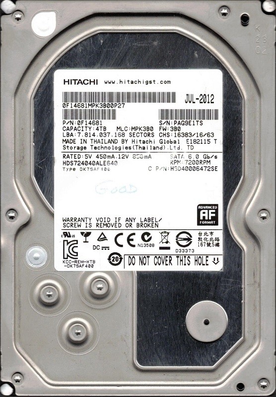 Hitachi HDS724040ALE640 P/N: 0F14681 MLC: MPK3B0 4TB