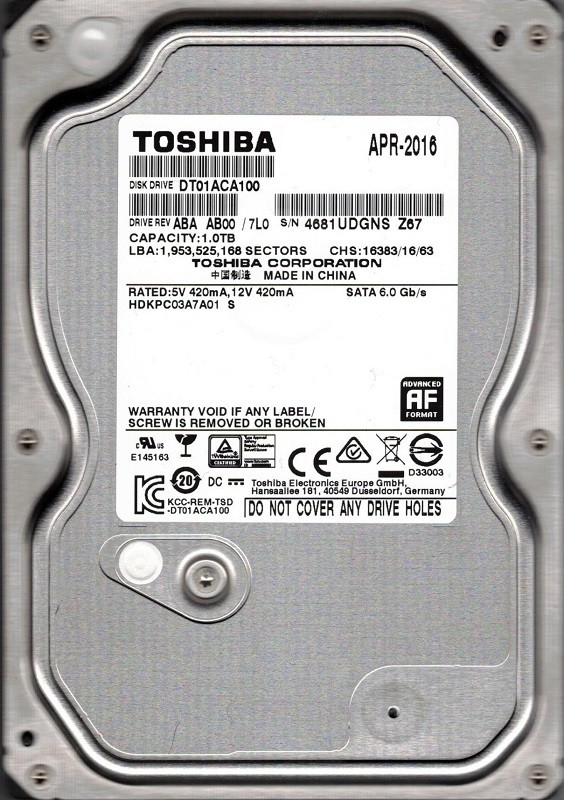 Toshiba DT01ACA100 ABA AB00/7L0 China 1TB Desktop Hard Drive