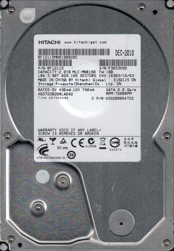 HDS723020BLA642 Hitachi MLC: MNR180 P/N: 0F12115 2TB