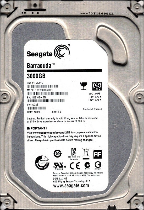 ST3000DM001 P/N: 1E6166-570 F/W: CC45 TK Z1F Seagate 3TB