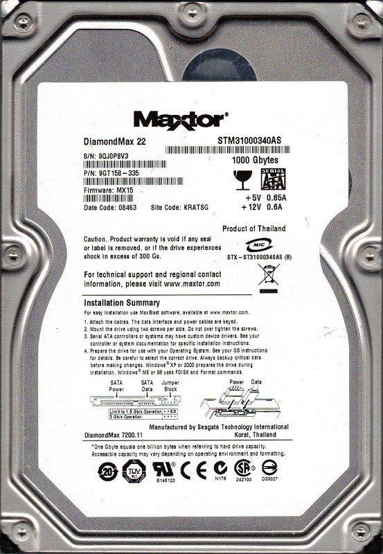 Maxtor STM31000340AS P/N: 9GT158-335 F/W: MX15 1TB KRATSG Seagate