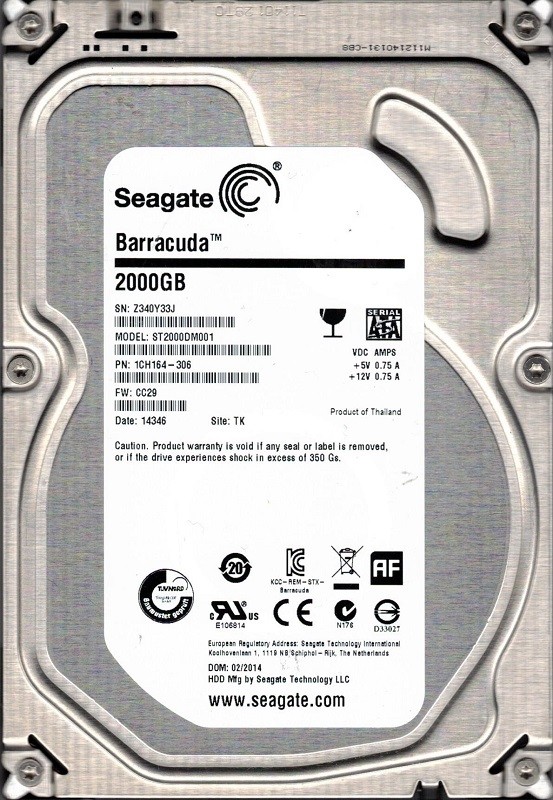 ST2000DM001 P/N: 1CH164-306 F/W: CC29 TK Z34 Seagate 2TB
