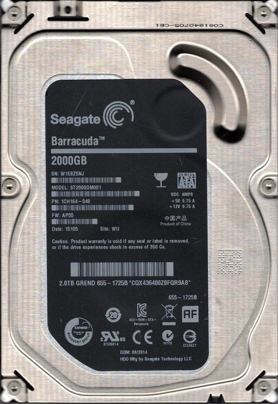 ST2000DM001 P/N: 1CH164-049 F/W: AP55 WU W1E MAC 655-1725B Seagate 2TB