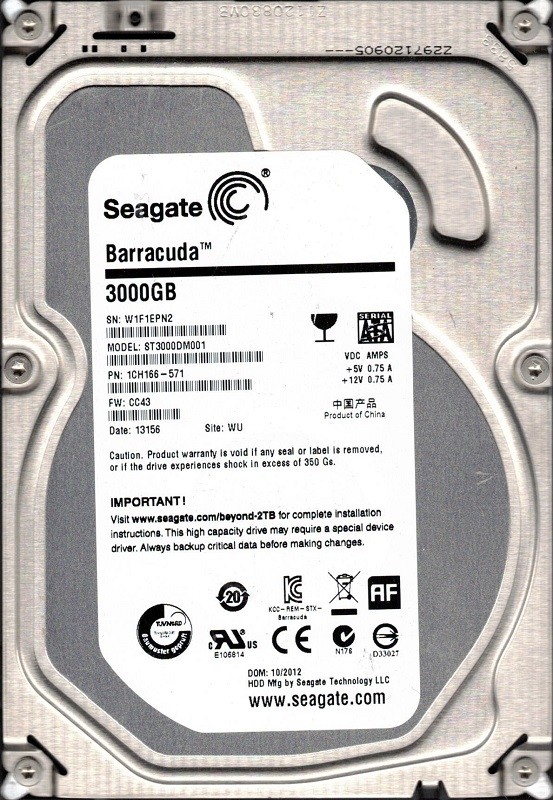 Seagate ST3000DM001 P/N: 1CH166-571 F/W: CC43 WU W1F 3TB