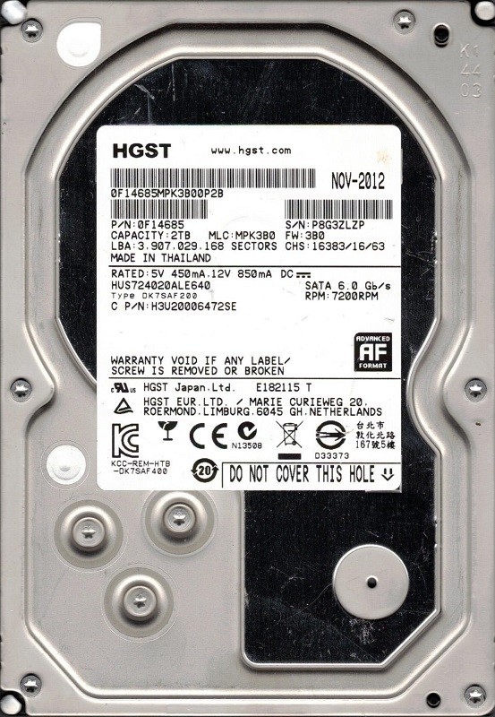 HUS724020ALE640 P/N: 0F14685 MLC: MPK3B0 HGST 3.5" 2TB HDD