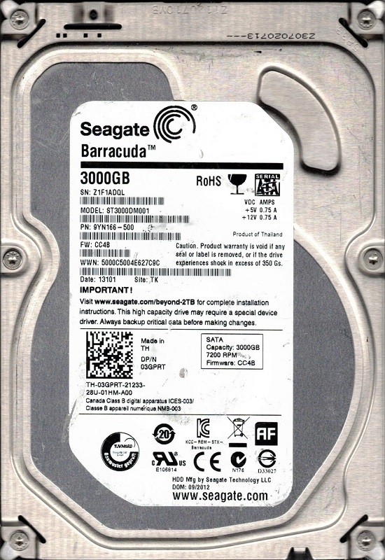 ST3000DM001 F/W: CC4B P/N: 9YN166-500 Seagate 3TB TK Z1F