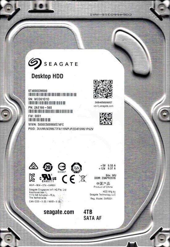 ST4000DM000 P/N: 2AE166-568 F/W: 0001 WU WCD0 APR 2016 Seagate Desktop HDD 4TB