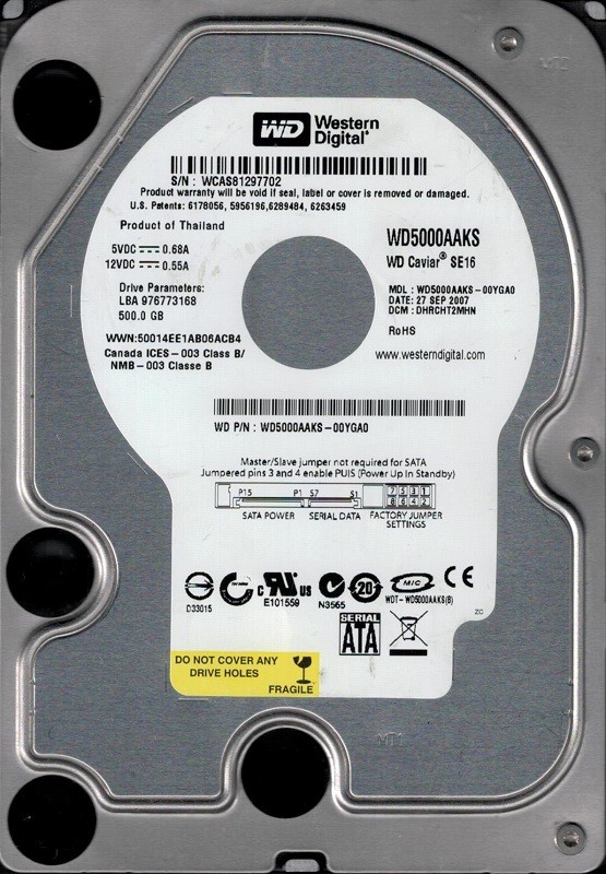 Western Digital WD5000AAKS-00YGA0 500GB DCM: DHRCHT2MHN