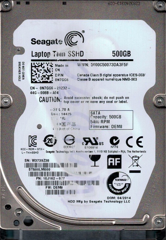 Seagate ST500LM000 SSHD P/N: 1EJ162-037 F/W: DEM8 500GB WU