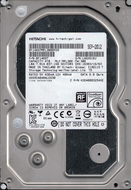 Hitachi HDS5C4040ALE630 P/N: 0F14697 MLC: MPL3B0 4TB