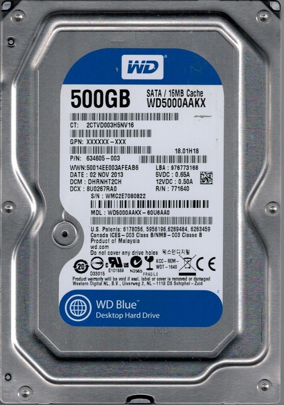 Western Digital WD5000AAKX-60U6AA0 DCM: DHRNHT2CH 500GB
