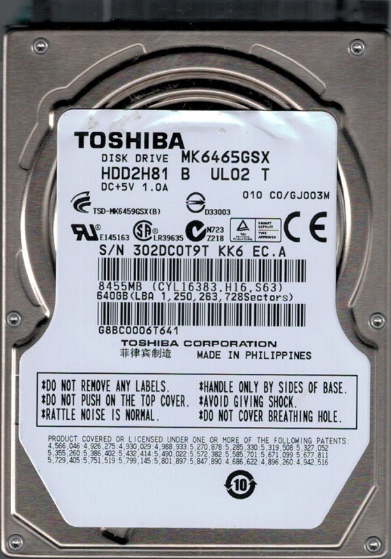 MK6465GSX HDD2H81 B UL01 T Philippines Toshiba 640GB