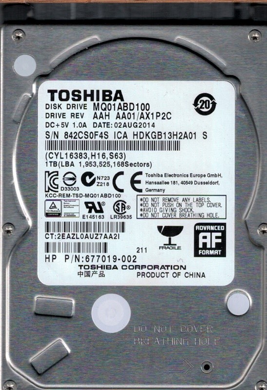 Toshiba MQ01ABD100 AAH AA01/AX1P2C 1TB China