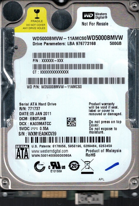 WD5000BMVW-11AMCS0 DCM: EBOTJHB WXM1E Western Digital 500GB