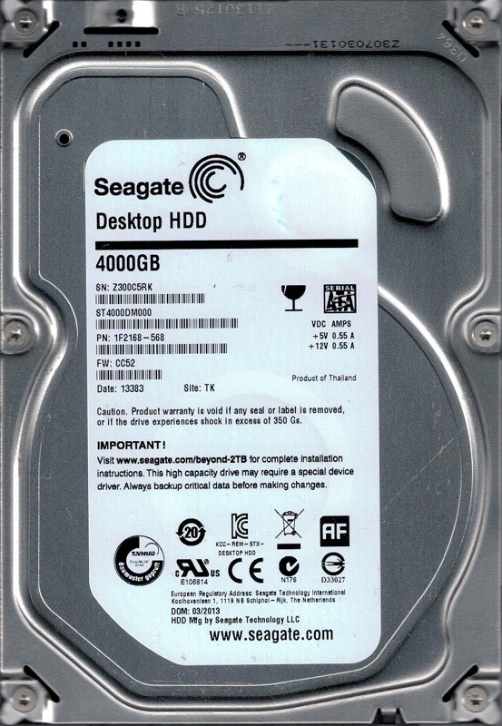 ST4000DM000 P/N: 1F2168-568 F/W: CC52 TK Z30 Seagate 4TB
