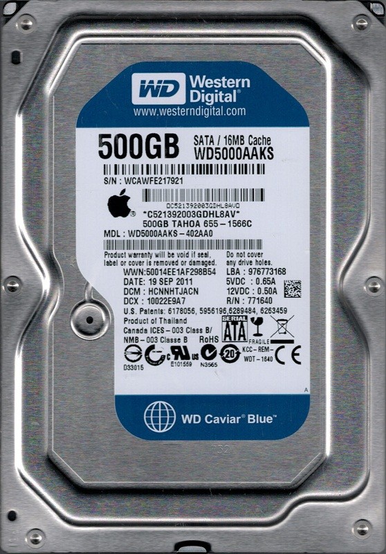 Western Digital WD5000AAKS-402AA0 MAC 655-1566С DCM: HCNNHTJACN 500GB