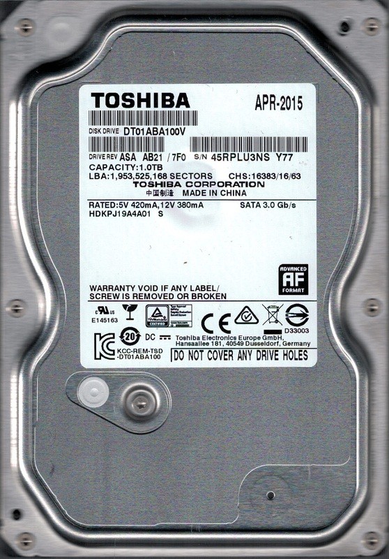 DT01ABA100V ASA AB21/7F0 TOSHIBA 1TB