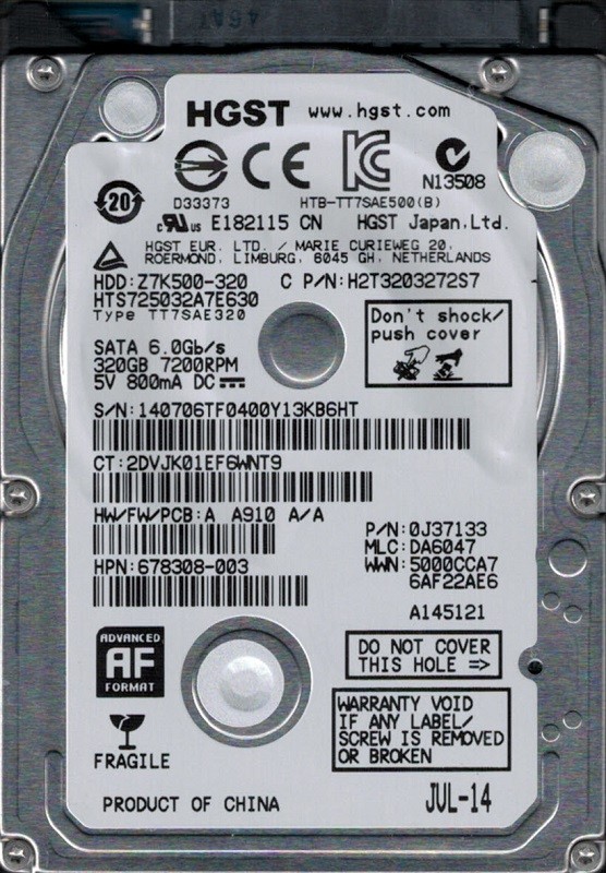 HTS725032A7E630 P/N: 0J37133 MLC: DA6047 HGST 320GB