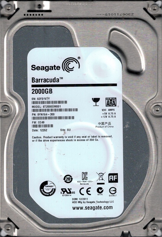 Seagate ST2000DM001 P/N: 9YN164-300 F/W: CC49 SU S2F 2TB